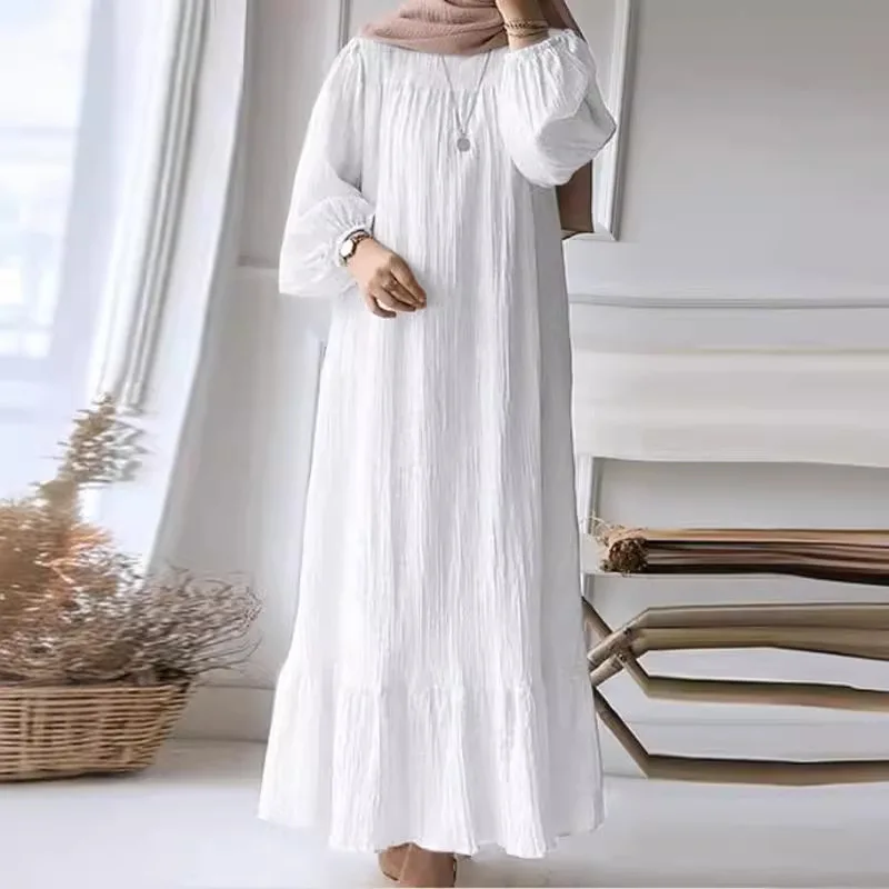 Elegant Muslim Dresses for Women New 2024 Spring and Autumn Fashion Bubble Sleeves Retro Pocket Hem Ruffle Edge Dress for Female