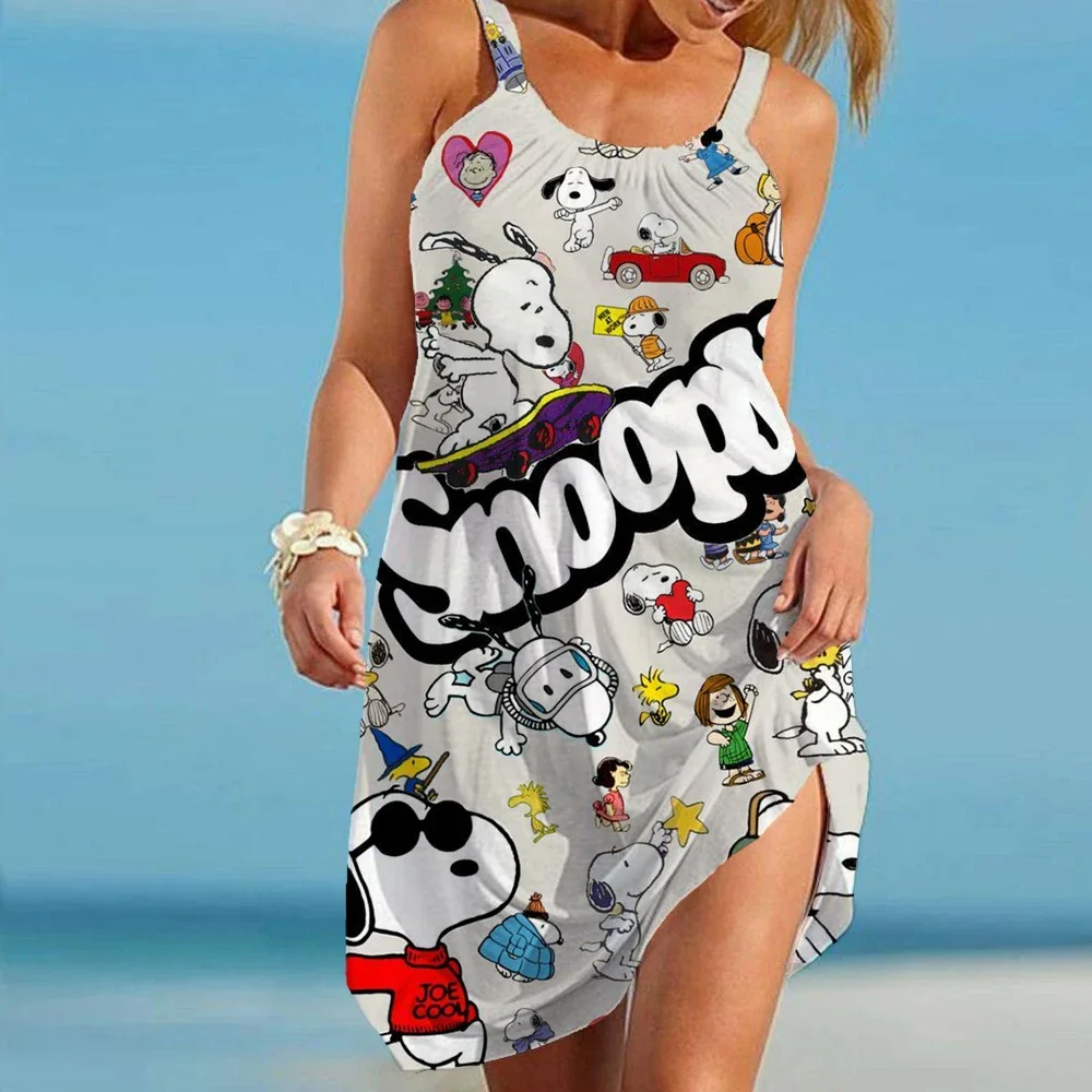 Estate 2024 Snoopy stampato abito da spiaggia bianco moda abito bohémien estate 2024 abito elegante con cinturino da donna