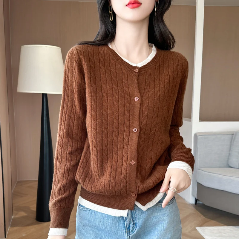 Cardigan con o-collo moda coreana da donna autunno/inverno nuovo 100% lana cashmere lavorato a maglia falso due articoli giacca maglione top larghi e caldi