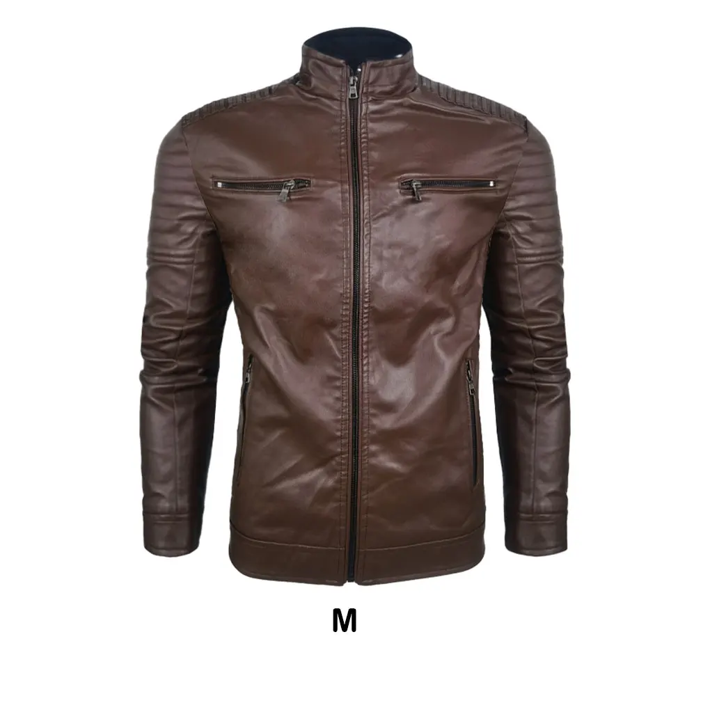 سترة بوليستر ستاي دافئة وعصرية مع سترة دراجة نارية من الجلد الصناعي للرجال ذات تطبيق واسع للقهوة L