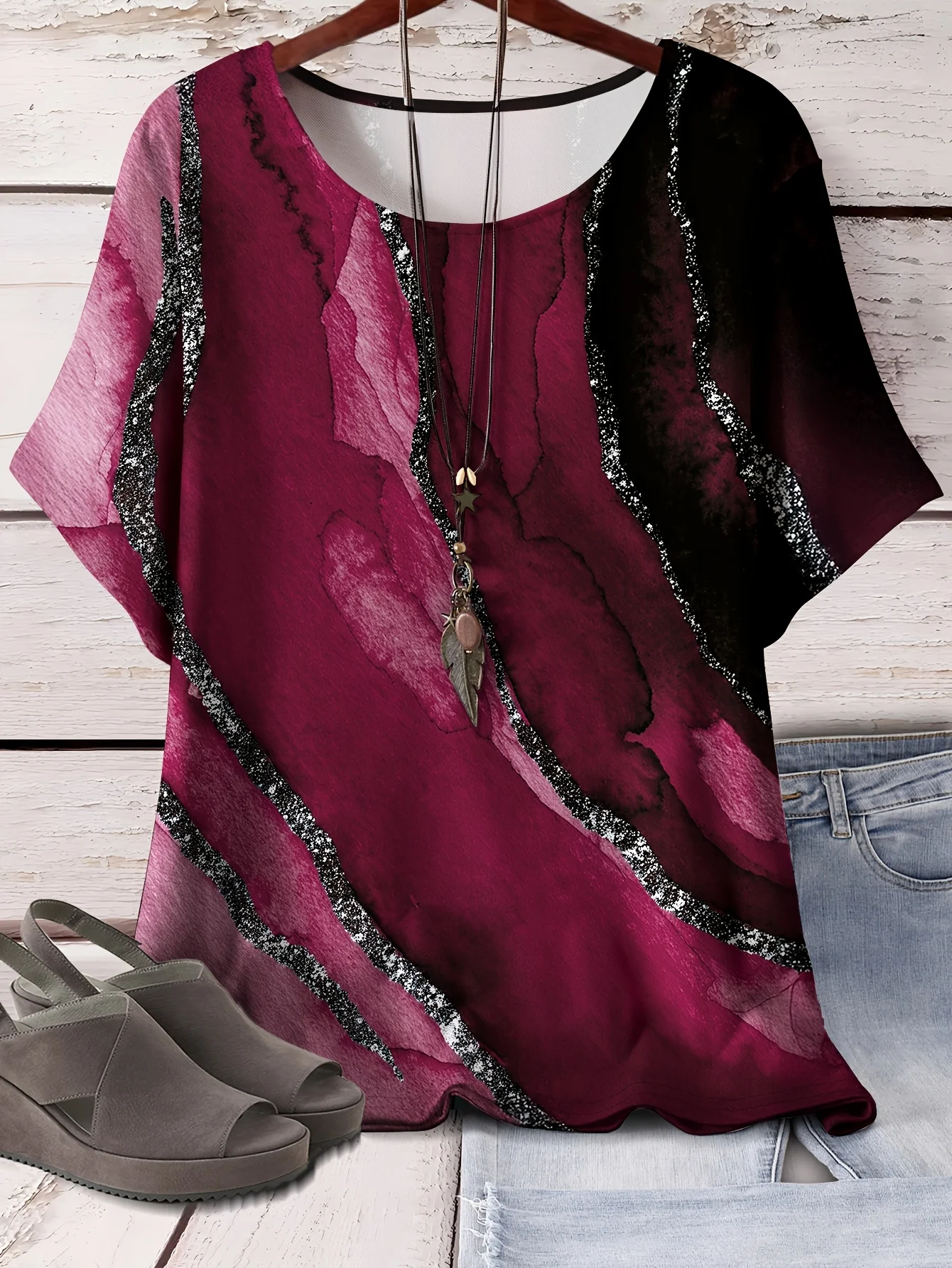 Women O‑Neck Short Sleeve Top Burgundy Watercolor Abstract Print Glitter Trim Loose Casual Blouse