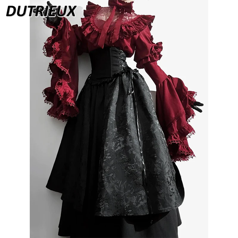 Traje de halloween gótico lolita doce roupas cintura alta saia longa e camisa de manga longa lindo e elegante conjunto de duas peças