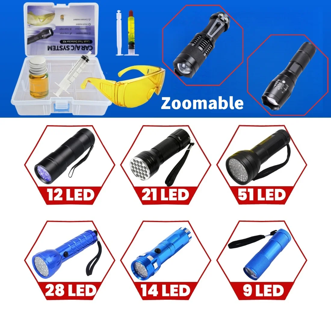 9/12/14/21/28/51 LED Car  Air Conditioning A/C System Leak Test Detector Kit  UV Flashlight Protective Glasses UV Dye Tool Set