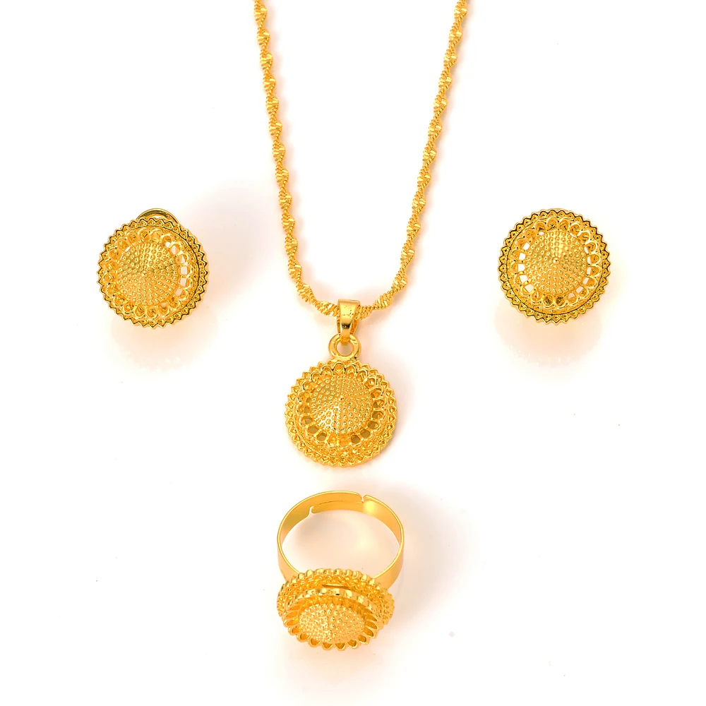 

Ethiopian Gold Plated Bridal Jewelry Sets Earrings Ring Gifts Wedding Jewellery Set For Women