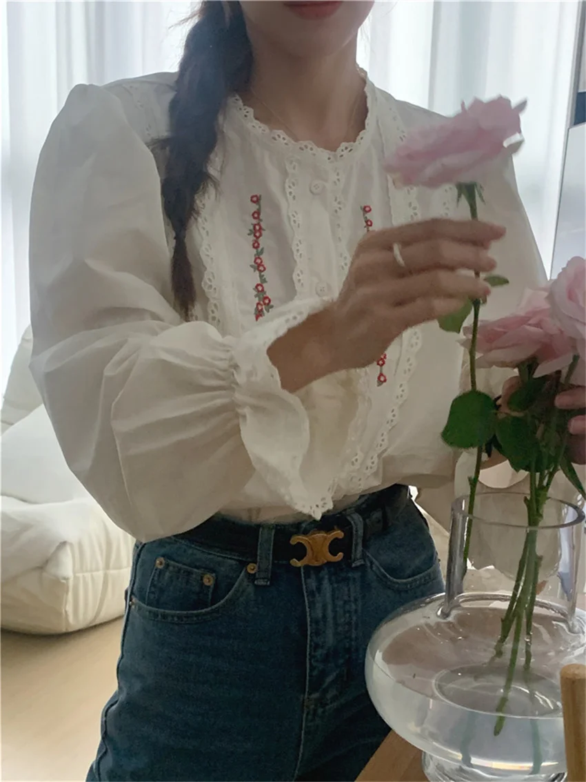 Alien Kitty OL Women Tops Elegant Spring Embroidery Chic Flowers New Full Sleeve Office Lady High Street Casual Gentle Shirts