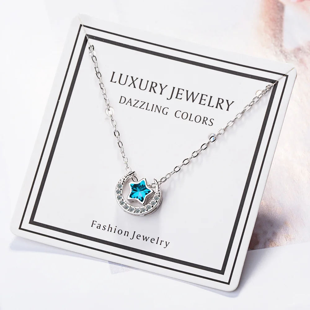 925 Silver Star Crystal Moon Blue Aesthetic Necklaces For Women Luxury Jewelry Wholesale Accessories Jewellery Trend 2024