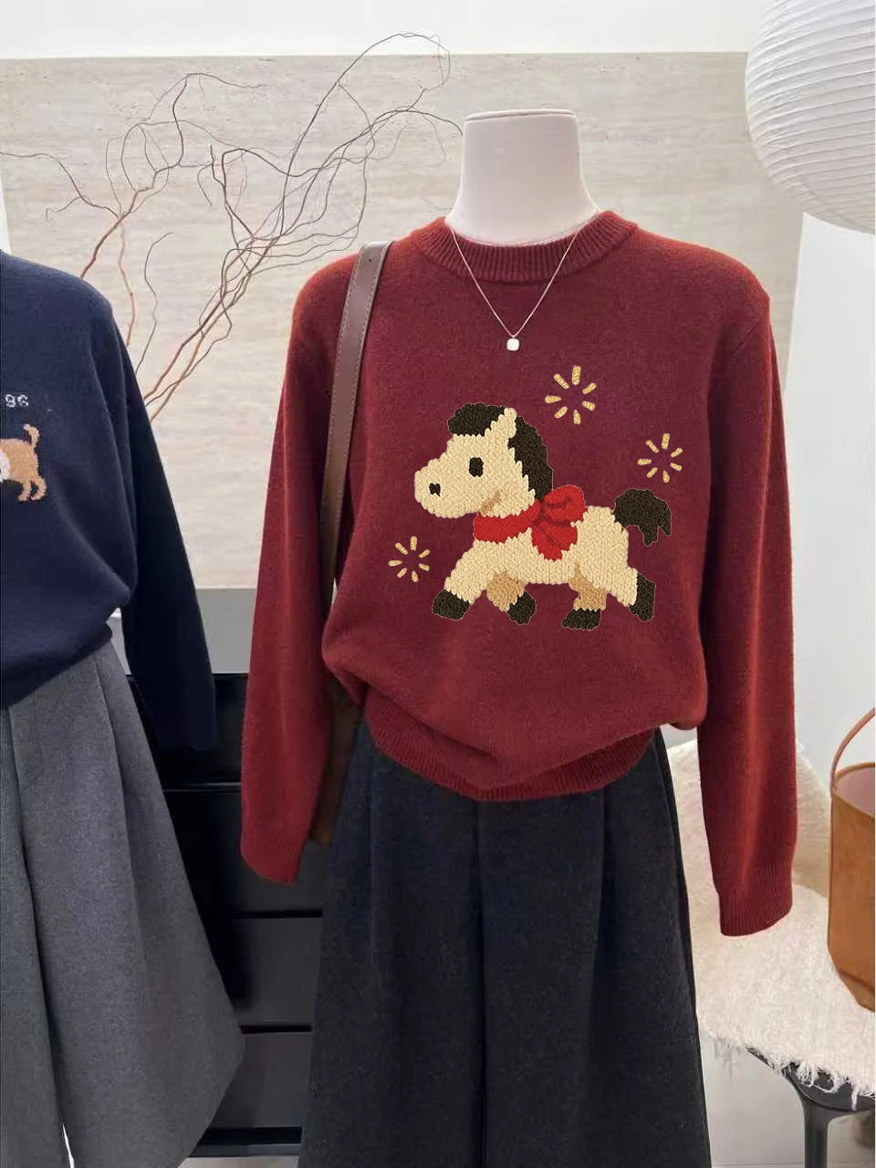 

Red Knitted Sweater Women's Early Spring New Sle round Ne Loose Warm Top New Year Celebration Print Casual Faion