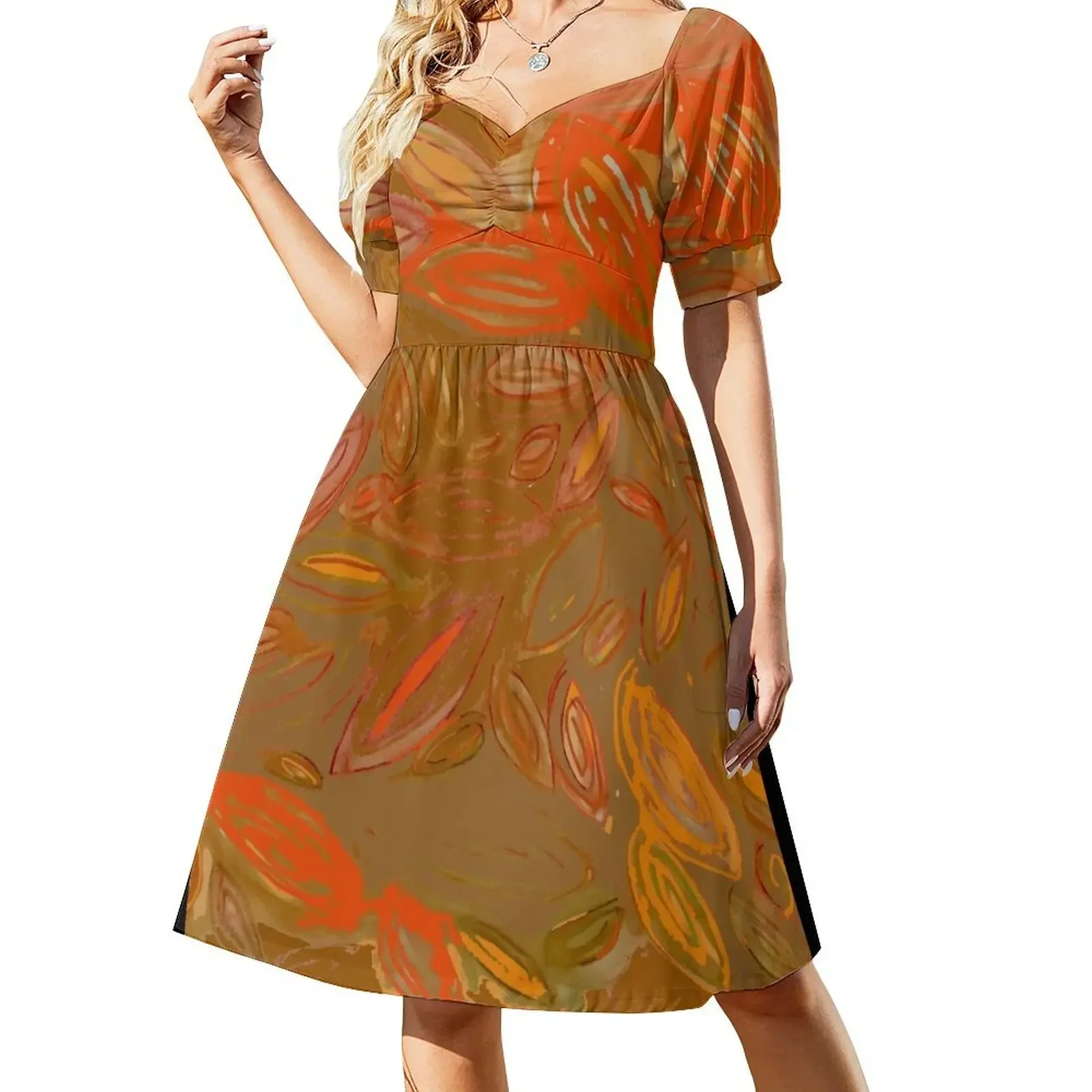 

Autumn Watercolor Leafishness, brown orange fall leaves Short-Sleeved Dress Aesthetic clothing summer dress women 2025 Dress