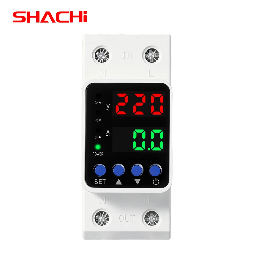SHACHI Din Rail Dual Display Adjustable Over Voltage Current and Under Voltage Protective Device Protector Relay 40A 63A