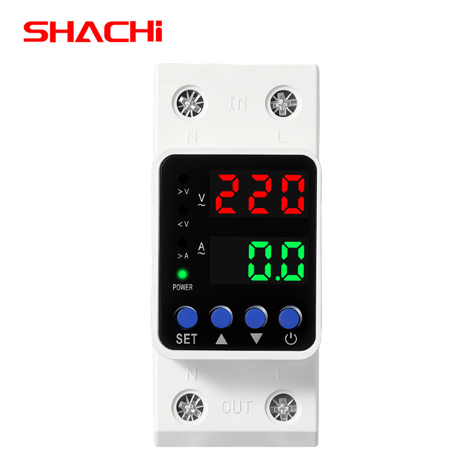  SHACHI Din Rail Dual Display Adjustable Over Voltage Current and Under Voltage Protective Device Protector Relay 40A 63A 