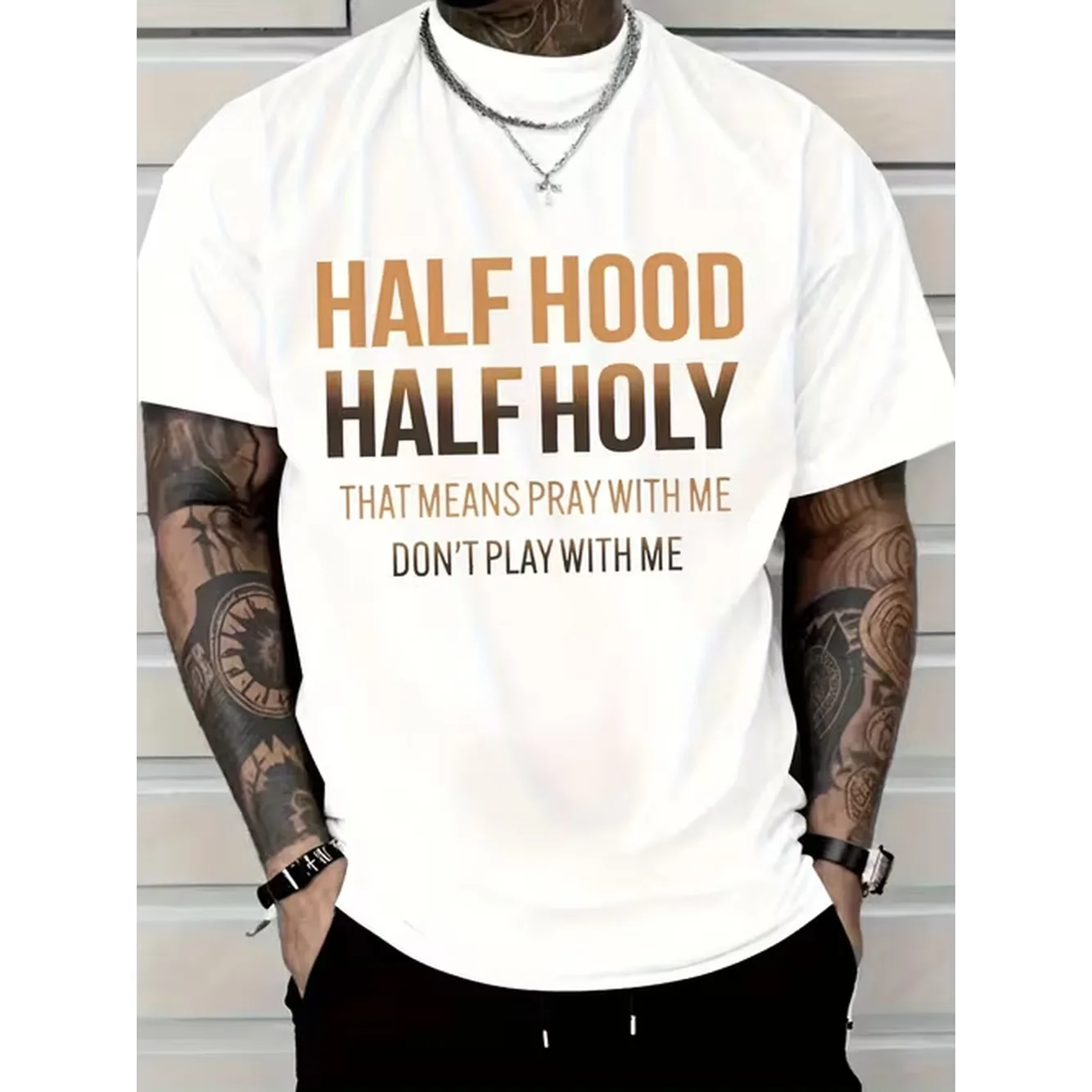 Mens Casual T Shirt Half Hat Prayer I Dont Play I Dont Print Short Sleeve Round Neck Top White With Brown Letters Comfortable Machine Washable Urban Style Durable Material