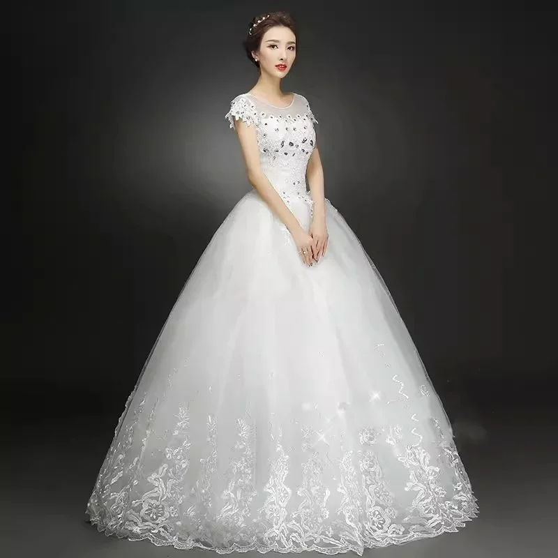 Cheap Wedding Dress Simple White Embroidery Short Sleeve Lace up Princess Floor-length Plus size Bride Ball Gown Plus size XN005