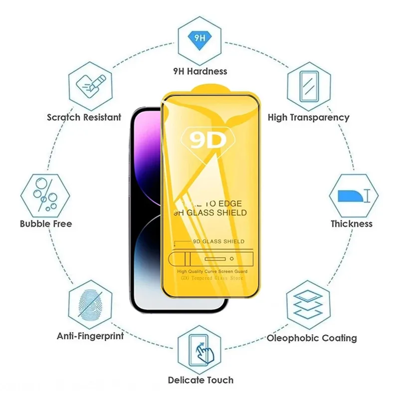 Protectores de pantalla 9D de vidrio templado para iPhone 17 16 Pro Max 18 16e 15 14 13 12 11, vidrio protector para iPhone X XR XS 7 8 Plus 6