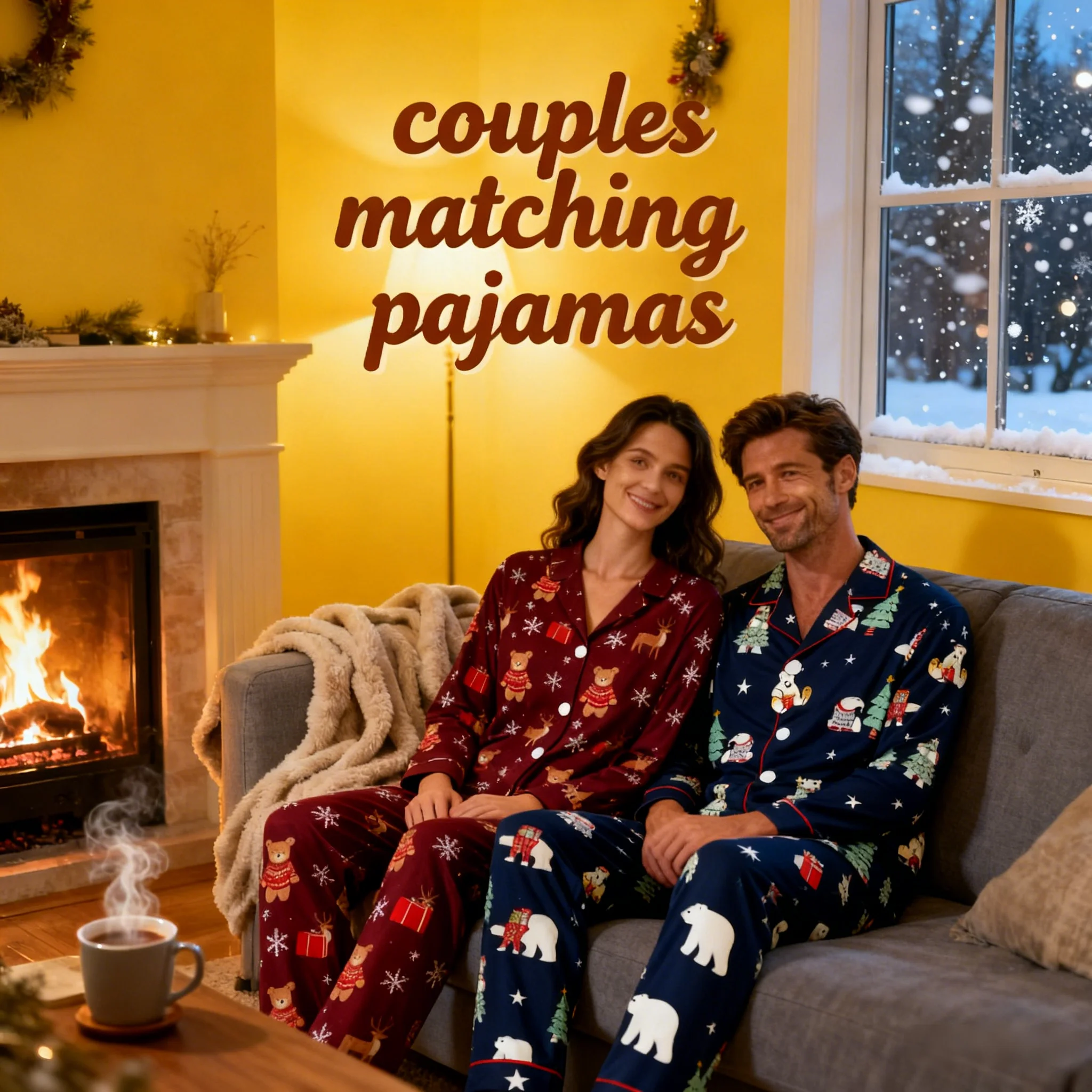 

Customized printed couple's pajama set. Loose and comfortable long-sleeved pajamas with V-neck and button design.