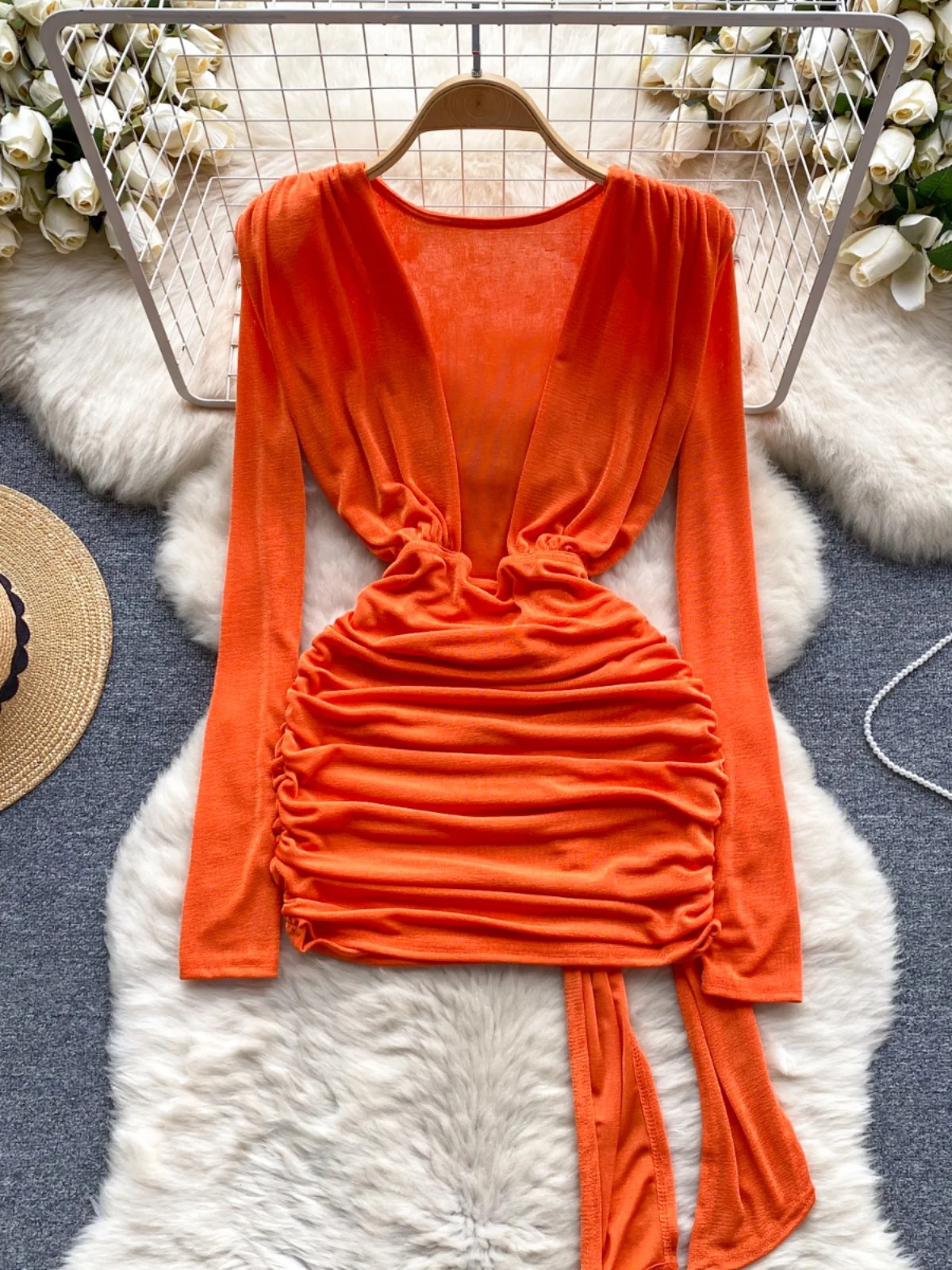 Foamlina American Early Spring Dress Sexy Openwork Backless V-neck Folds Slim Short Dress Socialite Mini Short Orange Dresses