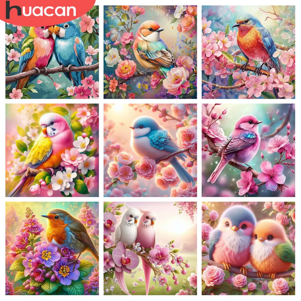 HUACAN-pintura de diamante pájaro, flor, mosaico de animales, arte de diamante completo, punto de cruz Floral rosa, decoración artesanal para el hogar