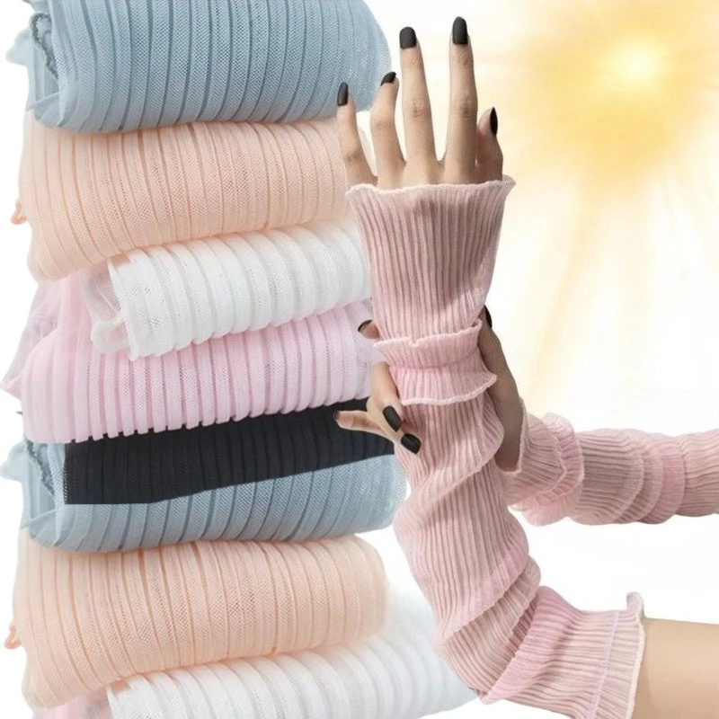 

Breathable Chic Wave-Edge Sun Protection Sleeves Lace Long Fingerless Gloves Cooling Arm Sleeves for Outdoor Activities Driving