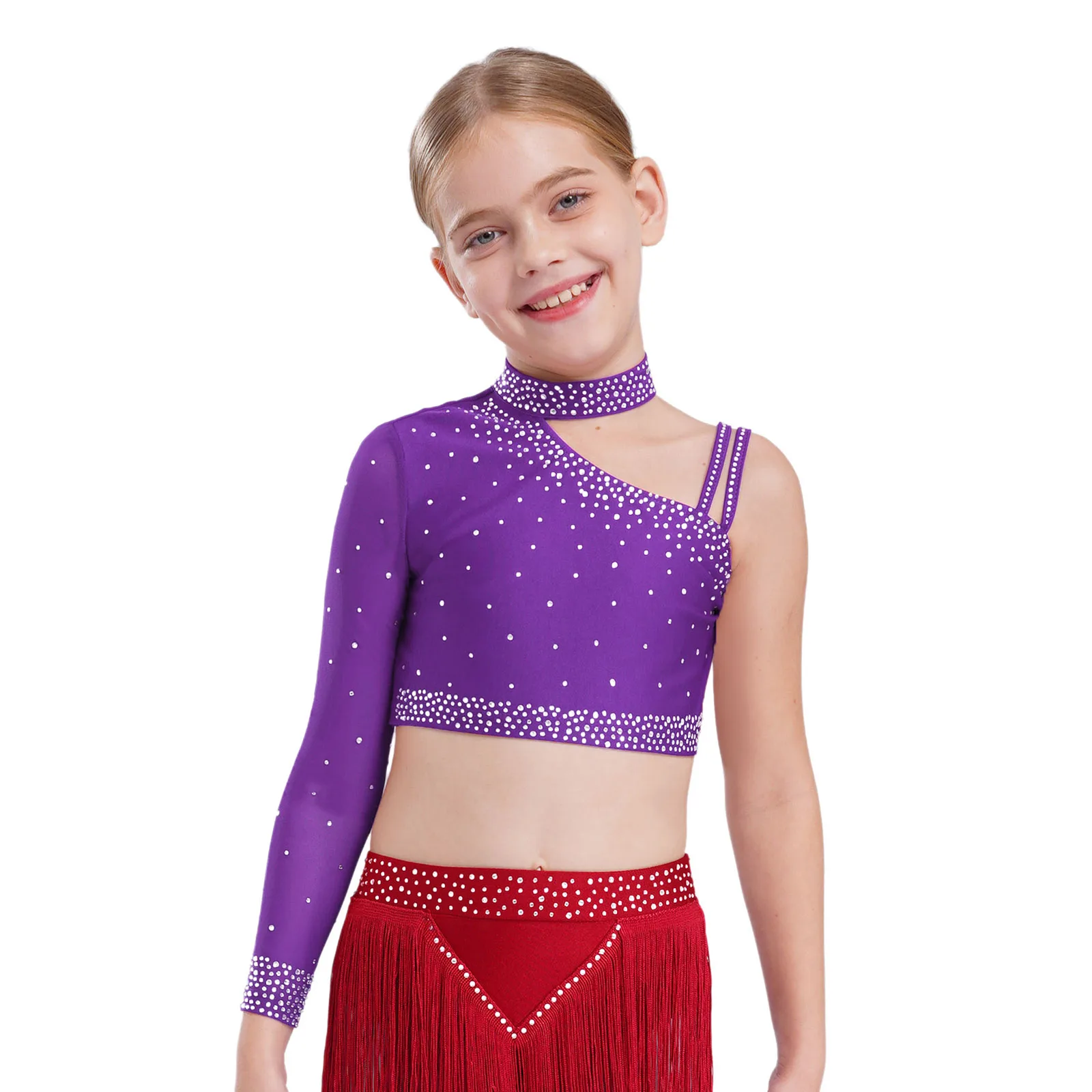 Enfants filles patinage artistique Ballet danse gymnastique acrobatie tenue une épaule strass haut court avec short bandeau