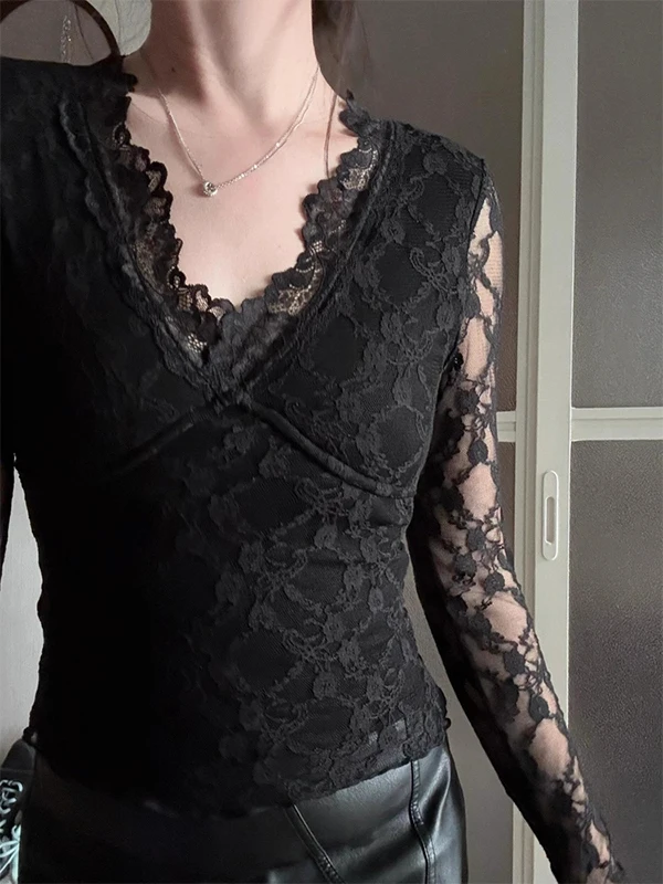 Top de punto con empalme de encaje blanco V-Ne para mujer, Otoño Invierno, diseño forrado con relleno en el pecho, Base de desgaste interior irt