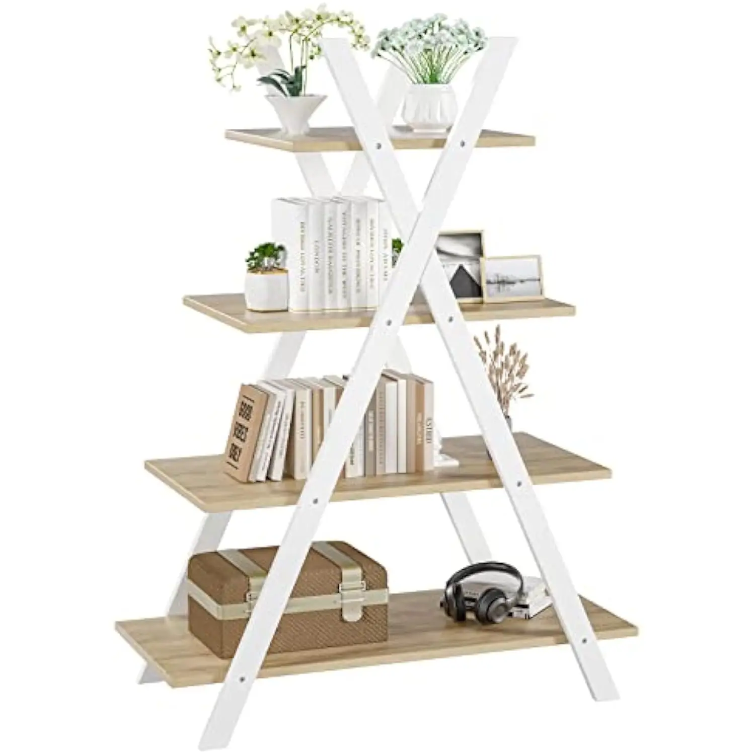 

4-Tier Bookshelf, 42.5 Tall A-Frame Wooden Ladder Shelf Plant Stand Rack 11 Potted Flower Holder, Easy Assembly X-Shape Freest