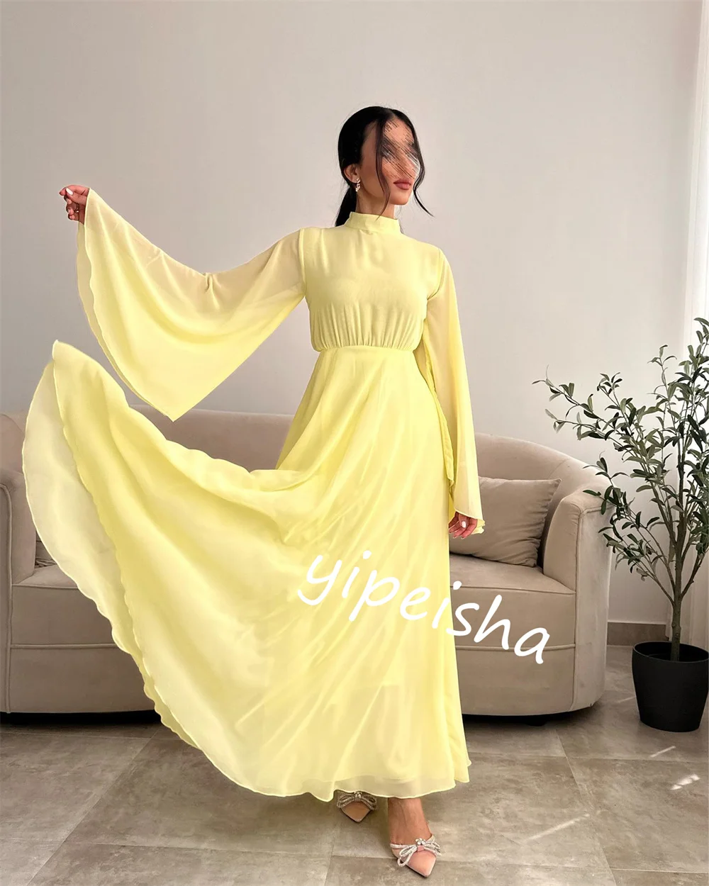 Avond Saudi Arabia Chiffon Ruffle Strand A-Lijn Hoge Kraag Op Maat Gemaakte Gelegenheidsjurk Midi Jurken