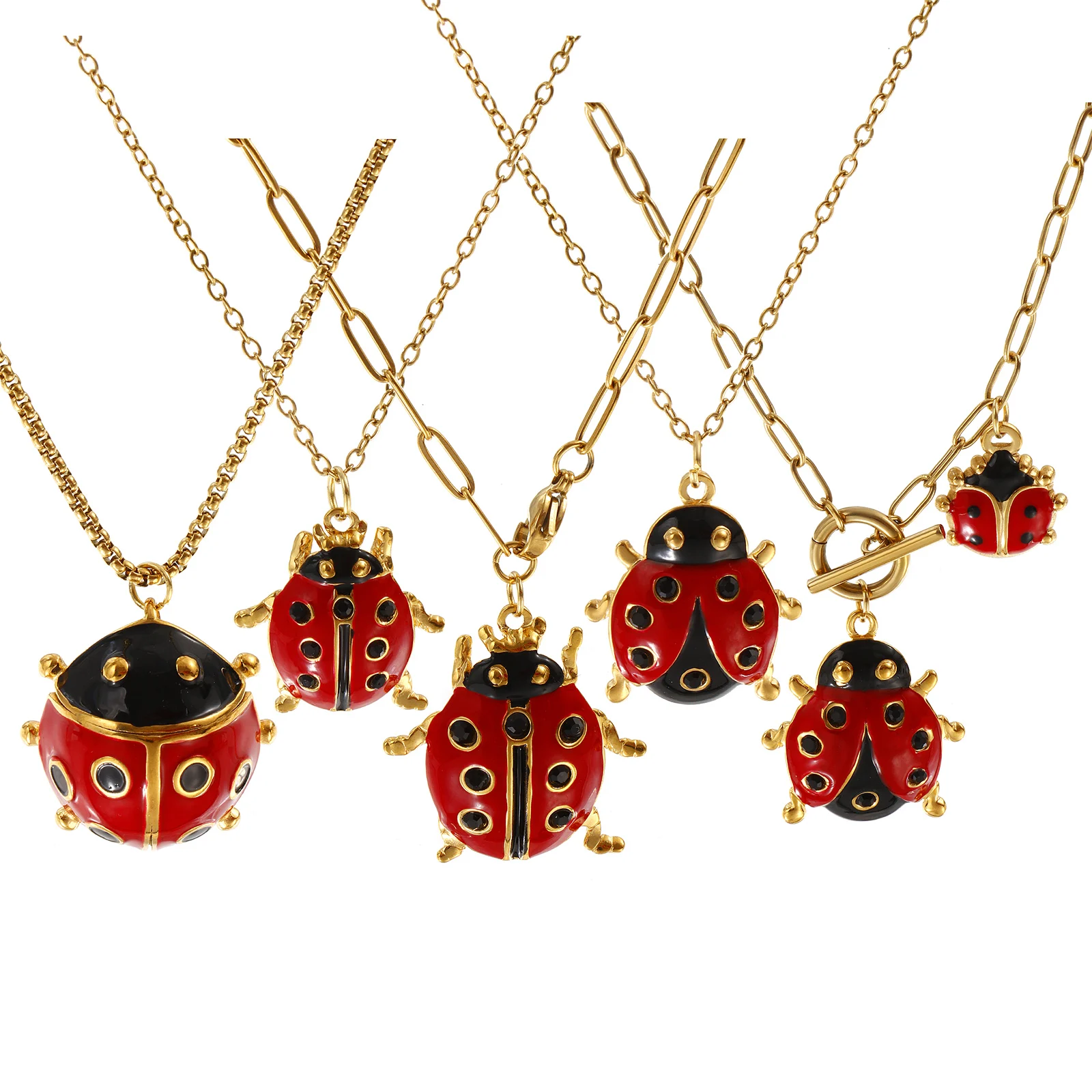 304 Stainless Steel Red Ladybug Animal Pendant Charm Necklace 18K Gold Plated Chain For Women Insect Natural Pastoral Gift