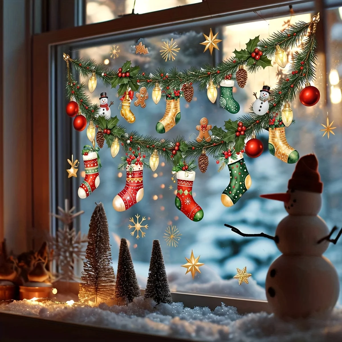 1 Blatt Vintage Weihnachtsgirlande Stocking Bauble Statischer Fensteraufkleber PVC Selbstklebender Glastüraufkleber Weihnachtsdekoration für Geschäft und Zuhause