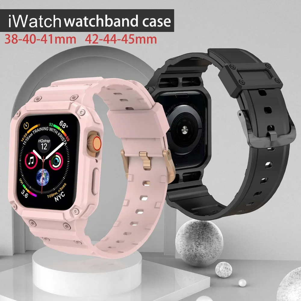 Silicone Strap Case for Apple Watch Band 9 8 7 41mm 45mm 44mm 40mm 38 42mm Bracelet for Iwatch 6 SE 5 4 Waterproof Accessories