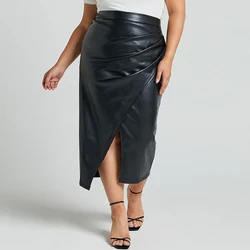 FairyShely PU Vent  Skirts Leather For Women 2024 Autumn A Line High Waist Fold  Jeans Leather Mid Skirt Solid Long Black Skirt