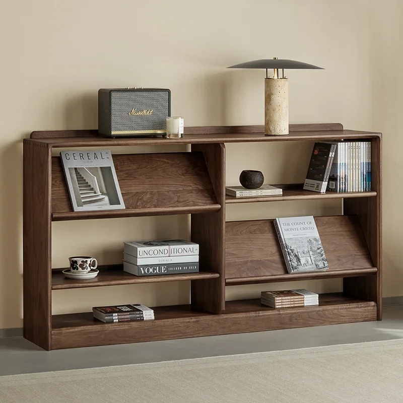 Nordic Japanese-style black walnut bookcase living room magazine rack floor-to-ceiling combination cabinet storage