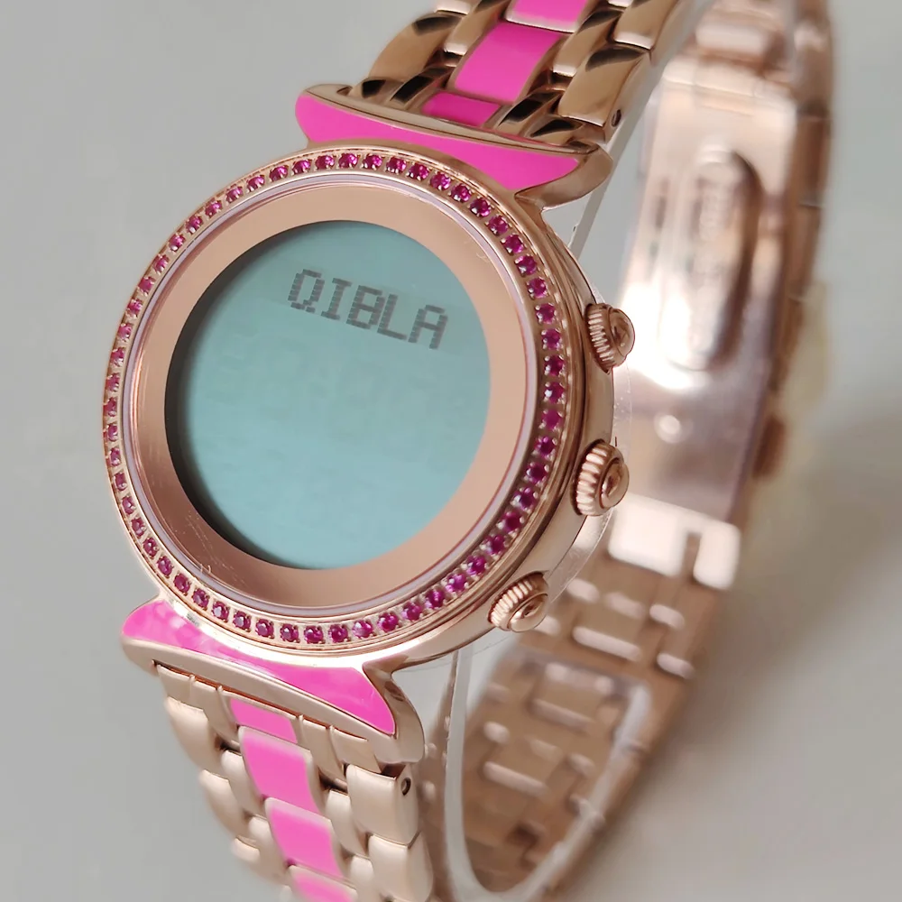 Lady Pray Watch with Diamond Stones Adhan Time Qibla And Hijiri Calendar AL-Harameen Muslim Makkah Wristwatch Islamic Hour