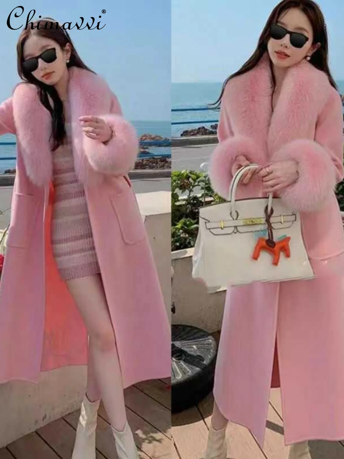 

High-End Fashion Woolen Woolen Coat Autumn Winter New Sweet Detachable Fur Collar Slim Elegant Ladies Long Solid Color Overcoat