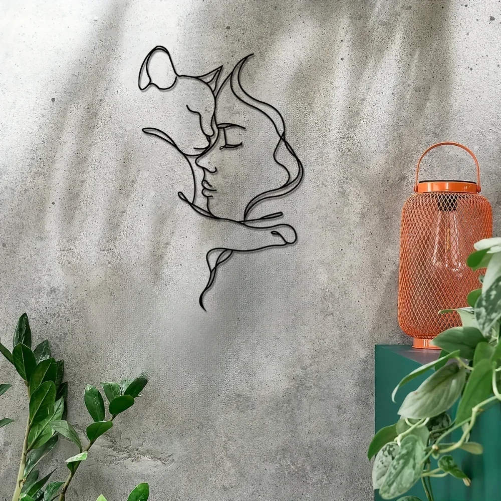 لوحة فنية معدنية أنيقة على شكل قطة وامرأة ، صورة ظلية سوداء بسيطة ، مثالية لمحبي القطط ، ديكور منزلي متطور