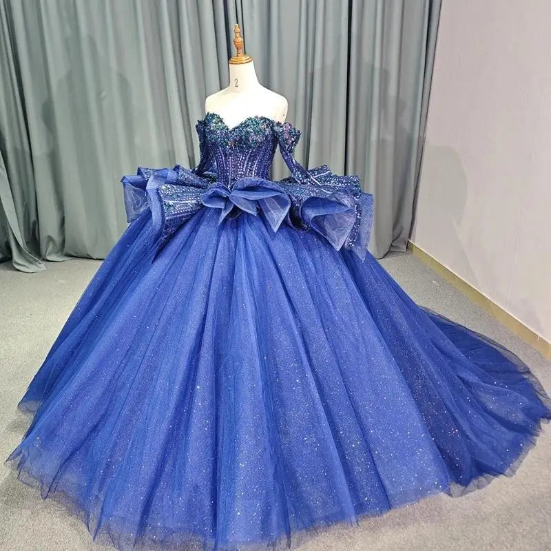 

Navy Blue Shiny Princess Quinceanera Dresses Off the Shoulder Ball Gown Sweet 16 Dress Beads Sequin Appliques Lace Tull Party