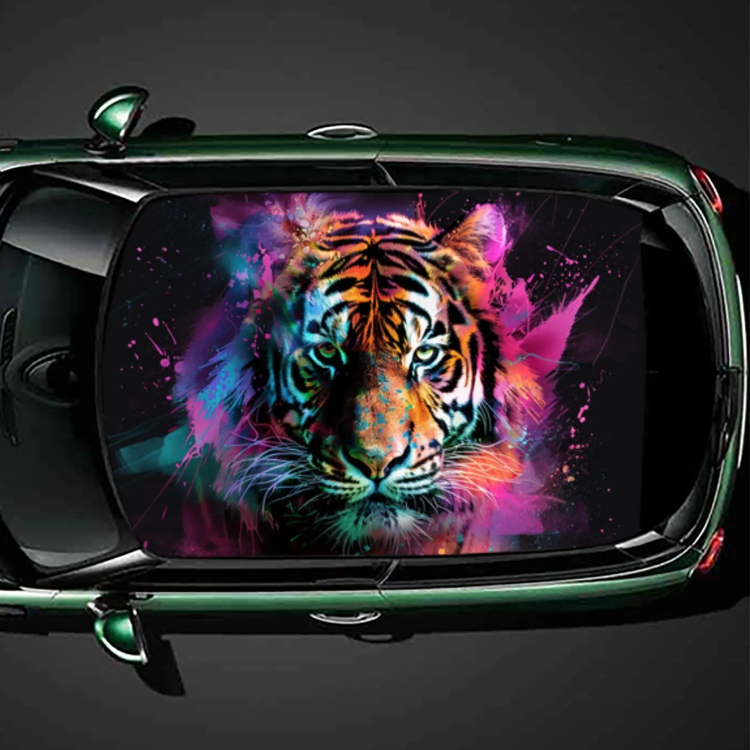 

Colorful Tiger Face PVC Car Roof Vinyl Wrap, Self-Adhesive Waterproof Automotive Sticker, Anti-Scratch Decorative Film for Sedan