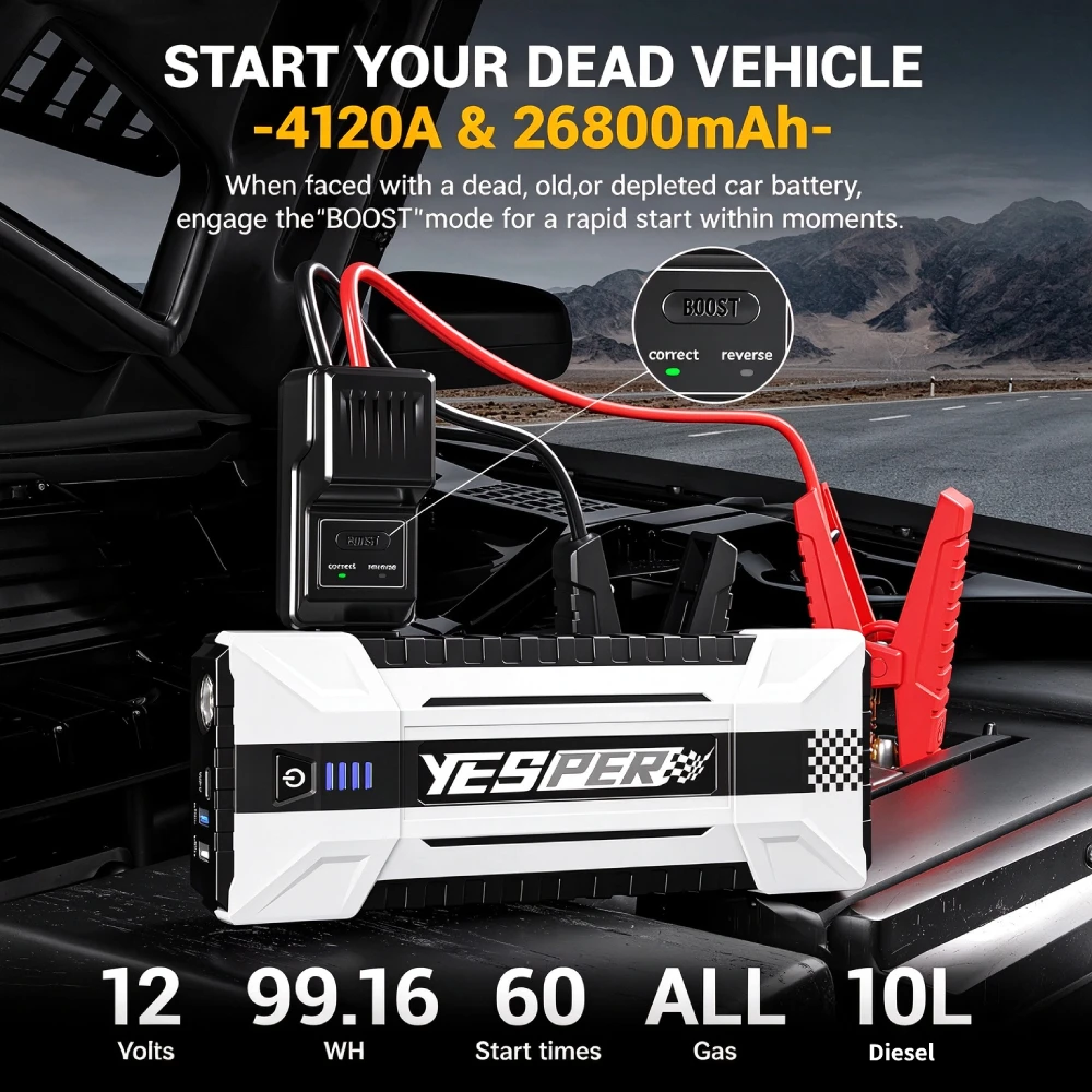 YESPER YJS40 4120A Peak Car Jump Starter 26800mAh Portable Car Power Bank Jump Box 3-Mode LED Spark-Proof 12V Car Emergency Battery Booster Pack Starting Device  Car Starter for All Gas & 10L Diesel Engines  Trucks SUVs Off-Road -20°C~60°C