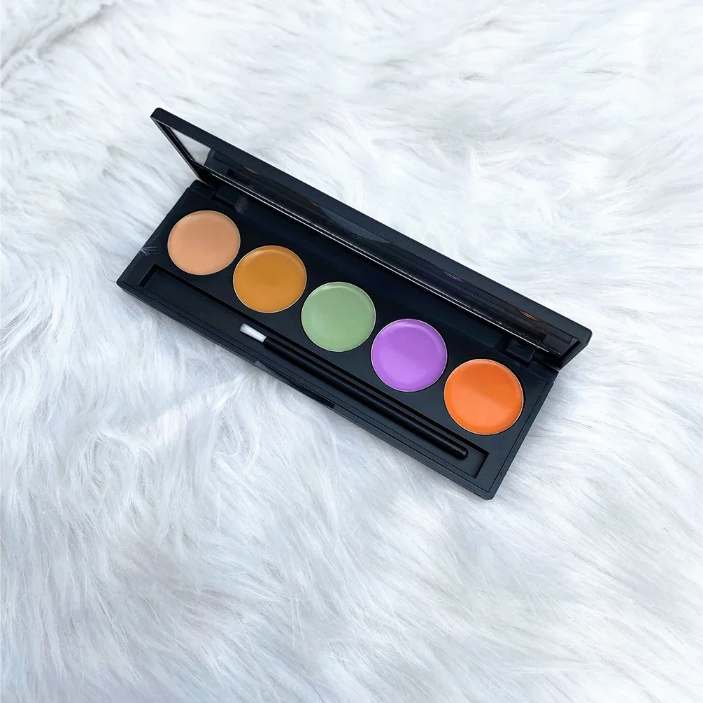 Crème anti-cernes avec logo personnalisé, marque privée, palette en plastique, couverture longue durée pour les cernes et les taches, maquillage, vente en gros, 5 couleurs