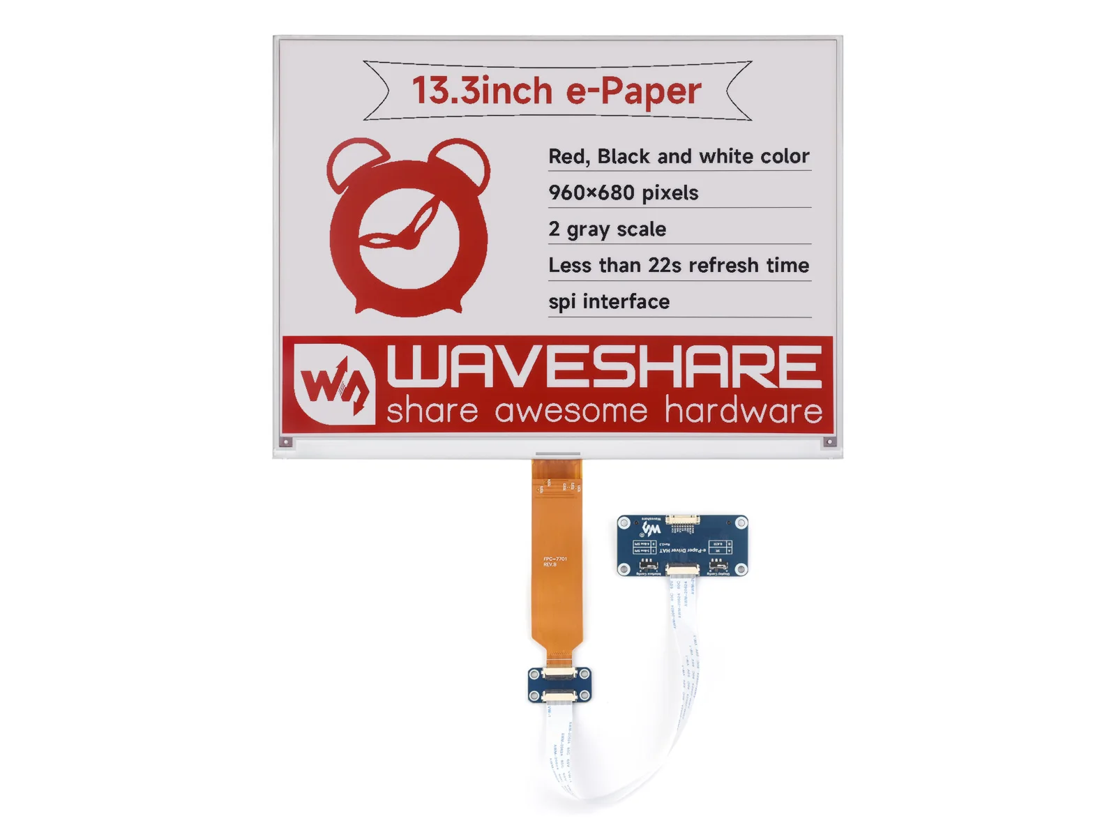 13.3inch e-Paper HAT (B),E-Ink Display, 960×680 pixels, Red / Black / White, SPI Communication, Partial Refresh Support