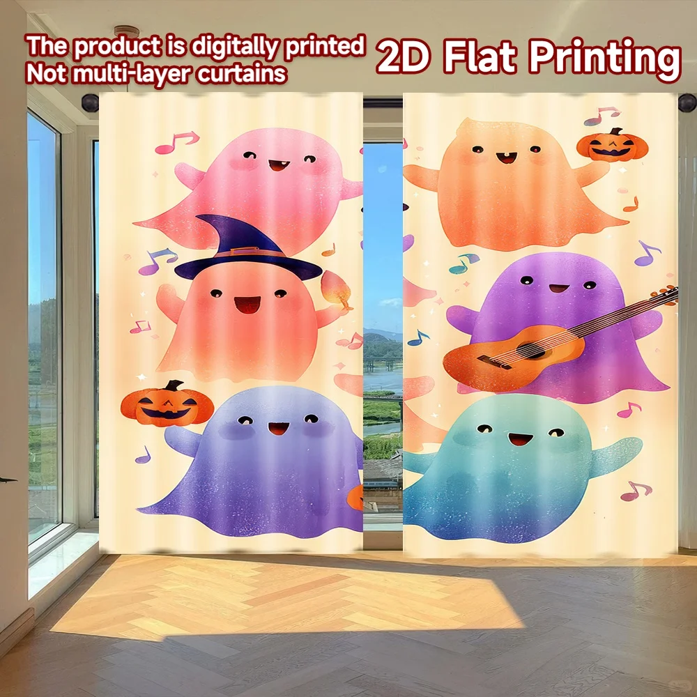 

2D flat printing 2pcs Curtains Halloween Ghosts Celebration Digital Printed Polyester Drapes Birthday Party Perfect for Booths