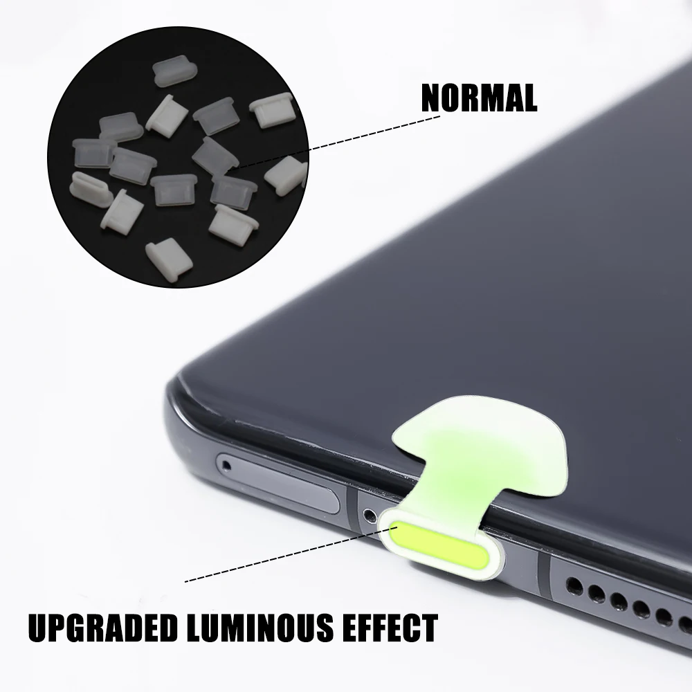 Nieuwe Lichtgevende Stof Plug Lossproof Poort Opladen Dustplugs Voor Iphone Samsung Xiaomi Ipad Tablet Ios Type C Siliconen Dustplug