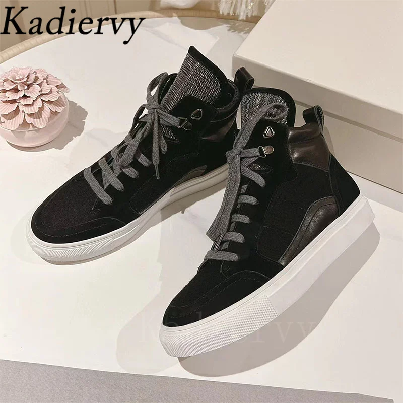 High Top Sneakers Women Chain String Bead Round Toe Lace Up Casual Outdoors Running Shoes Patchwork Flat Women\'s Sports Shoes