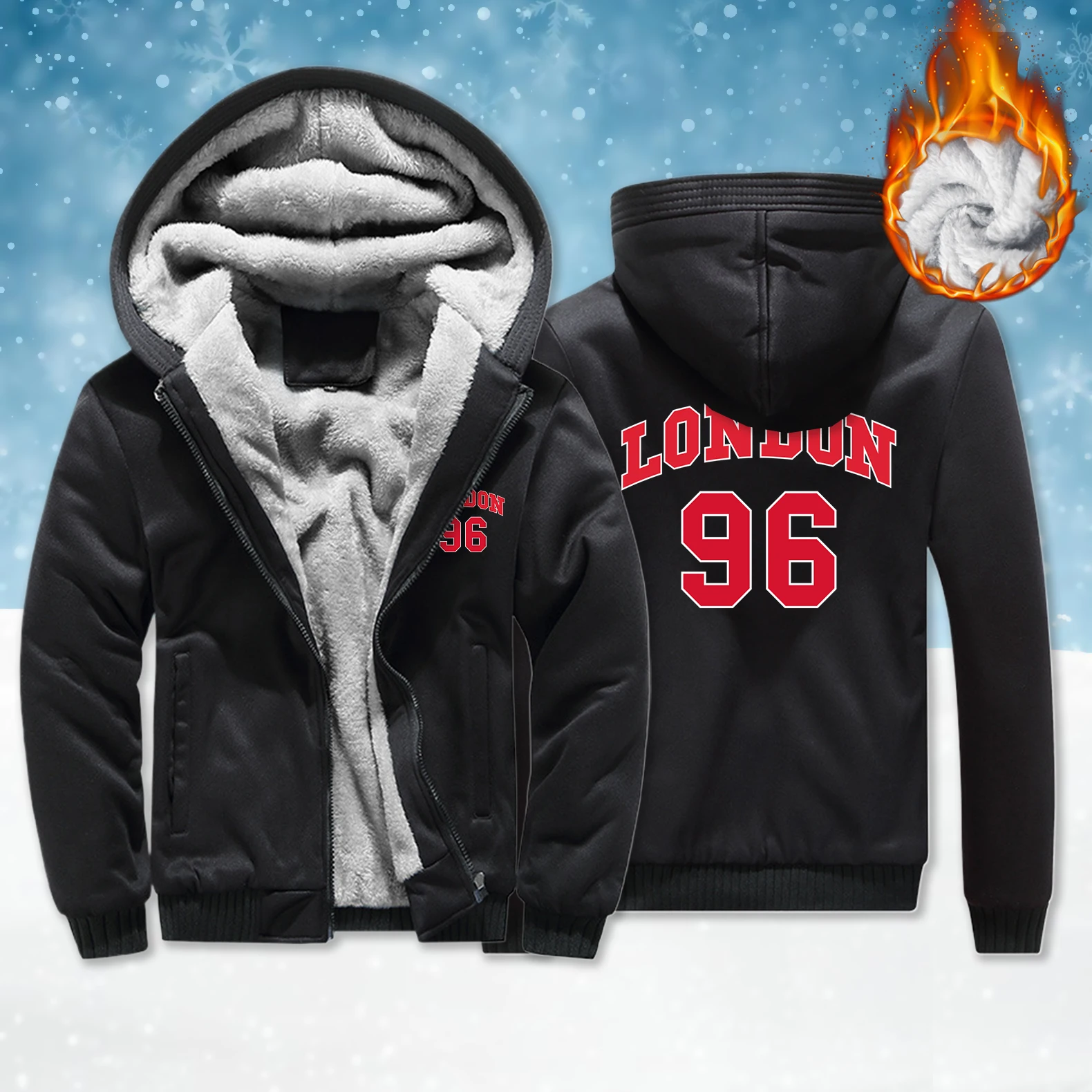 

London 96 Pattern Male Zipper Thicken Coats Fashion Fleece Hoodies Sport Casual Pocket Clothing Unisex All-Match Loose Tops