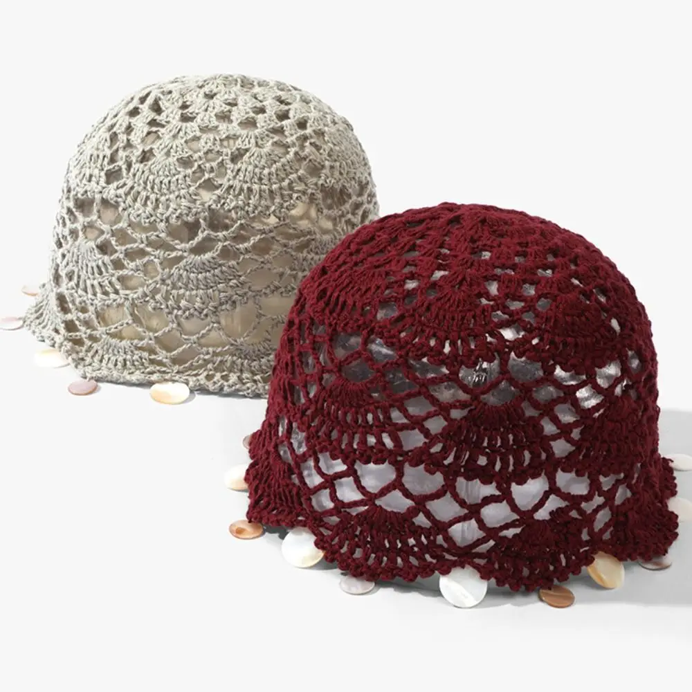 Elegant Hollowed Out Knitted Hat Thin Ethnic Style Shell Tassels Hat Korean Solid Color Bohemian Style Beanies