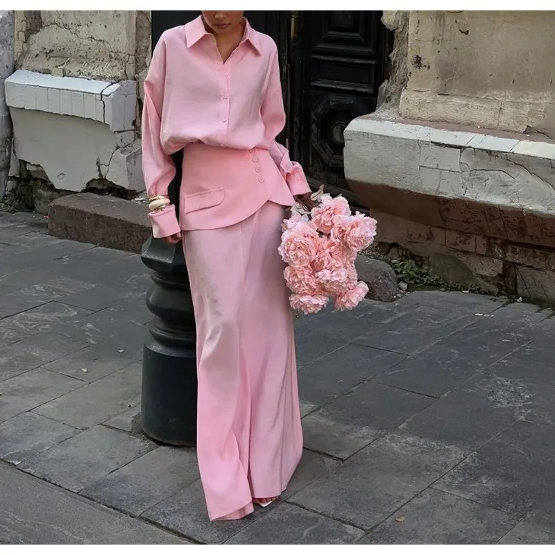 

Women's Street Mix-and-match Art Pink Wave Lazy and Relaxed Style Loose Shirt, Skirt and Trousers Set