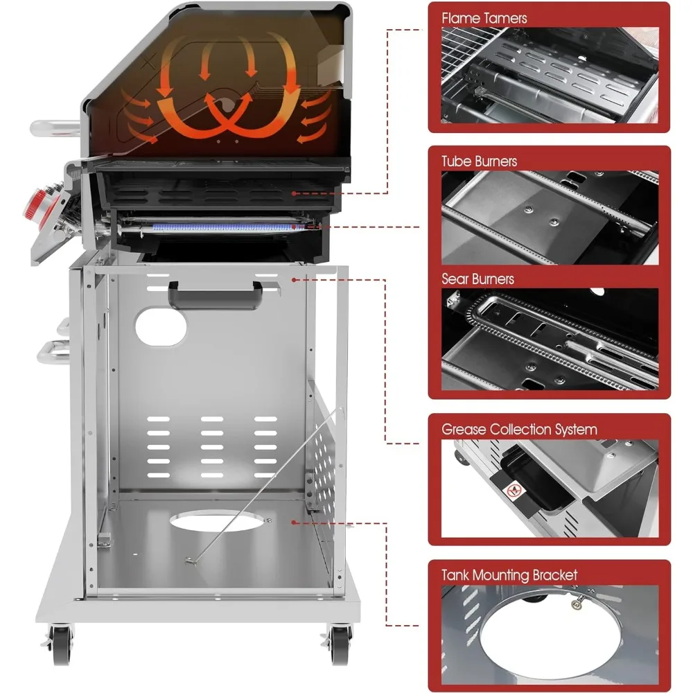 Propano Gás Grill com queimador lateral, aço inoxidável churrasqueiras, prata, GA5404S