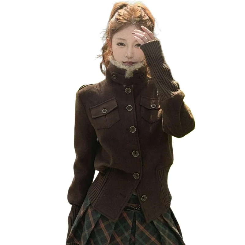 

European American Retro Style Metal Buckle Jacket for Women 2026 Autumn Winter High-neck Single-breasted Woolen Warm Short Coat