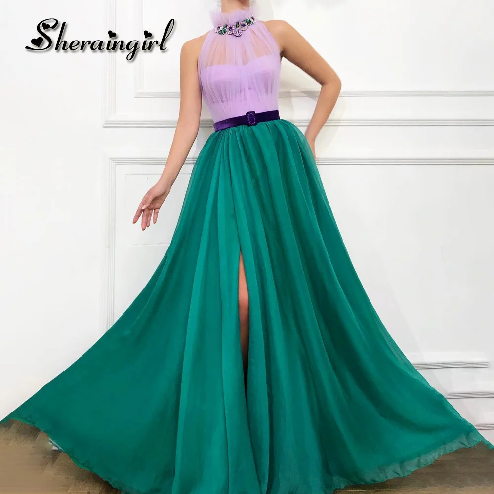 

SHERAIN Trendy Homecoming Dresses High Neck Crystals Sleeveless Belt Side Slit Draped Vestidos de Fiesta Para Mujer Custom Made