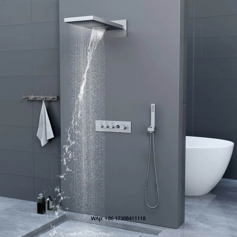 

Brushed nickel 500 * 230mm shower head 3 functions Rain shower system Wall mounted thermostatic shower faucet set