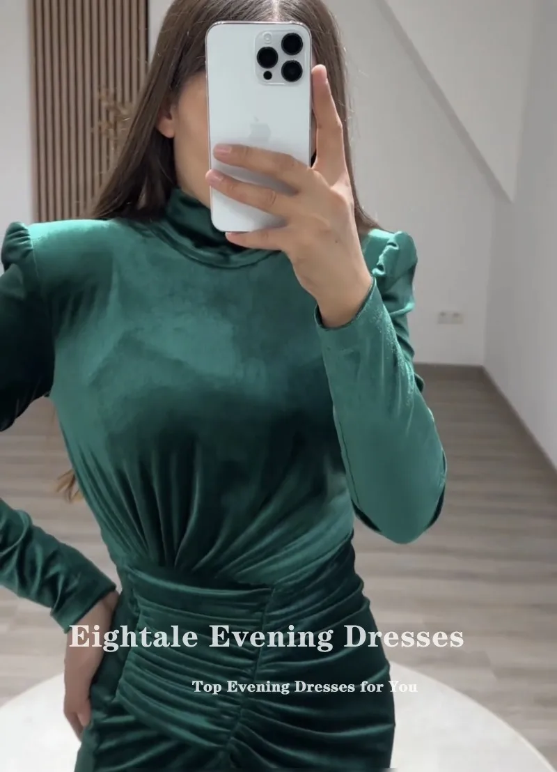 Eightale Emerald Green Evening Dress Arabic Customized Prom Gown Long Sleeves Muslim Velvet Mermaid Wedding Party Dress