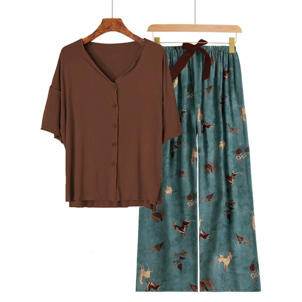 

Новый летний комплект пижамы с коротким рукавом, домашний костюм для женщин, пижама с коротким рукавом + брюки, тонкая ночная одежда из двух предметов, женская ночная одежда.